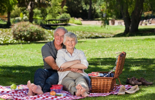 Casal de idosos picnicking no jardim