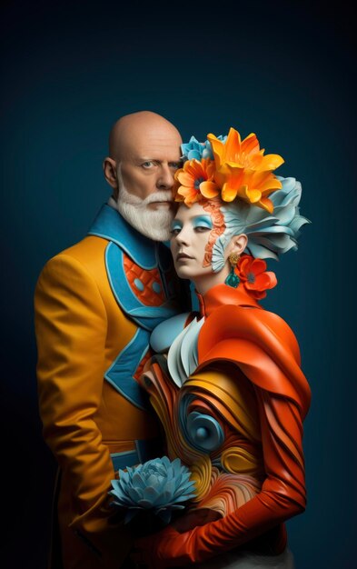 Casal de idosos retrofuturistas em roupas extravagantes Fonte de retrato de fantasia Imagem gerada por Ai