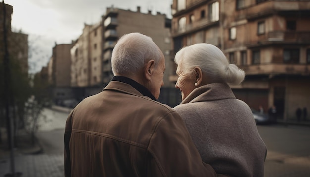 Casal de idosos se abraçando e caminhando ou viajando na vista traseira da cidade gerada por IA
