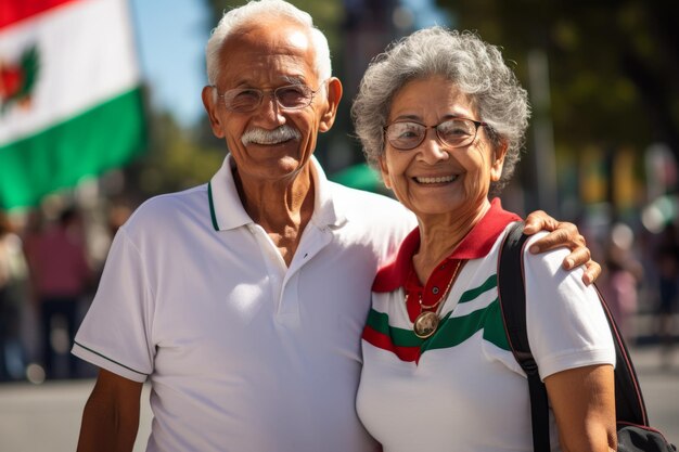 casal de idosos segurando a bandeira da América Latina para o Mês da Herança Hispânica