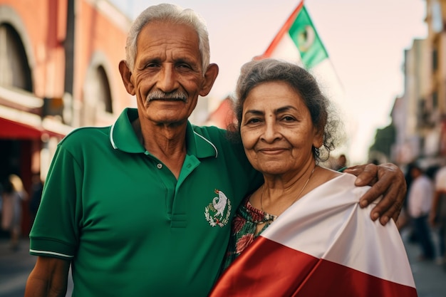 casal de idosos segurando a bandeira da América Latina para o Mês da Herança Hispânica