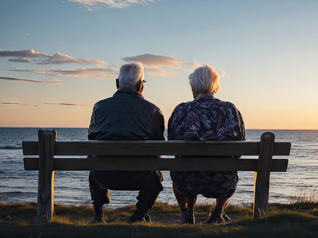 Casal de idosos sentado em um banco à beira-mar ao pôr do sol ai generative