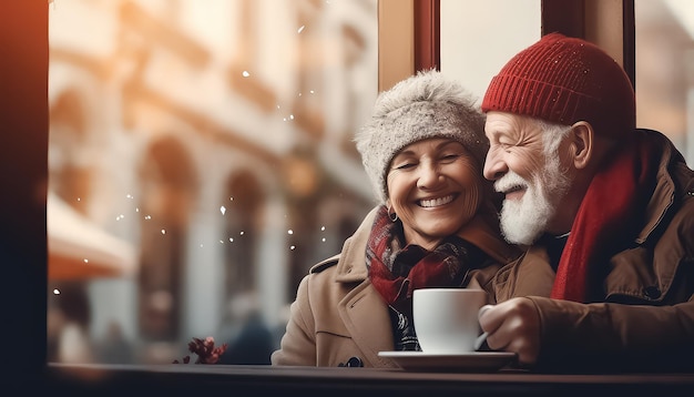 Casal de idosos tomando café juntos em uma manhã de inverno