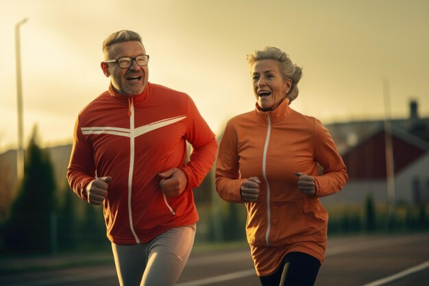 casal de idosos vestidos com macacões correndo com luz matinal conceito esportivo