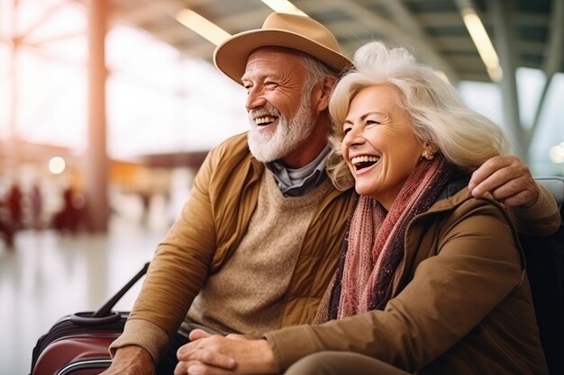 Casal de idosos viajando junto com malas no aeroporto Generative ai