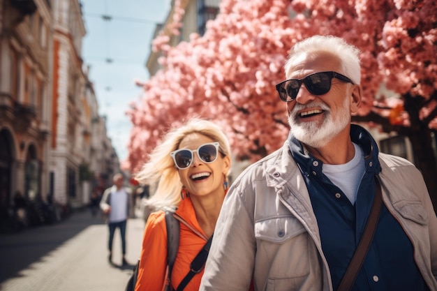 Casal de idosos viajando juntos Homem e mulher idosos alegres caminhando na rua da cidade Estilo de vida ativo na velhice