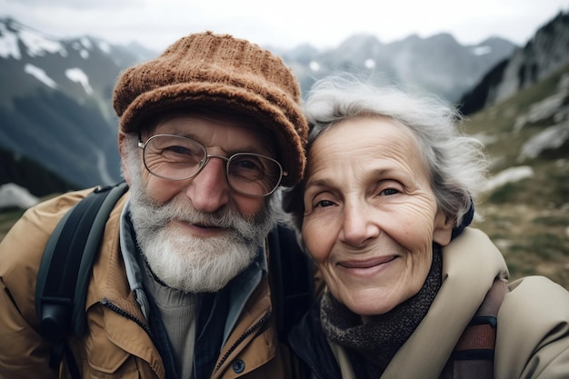 Casal de idosos viajantes felizes aposentados na natureza nas montanhas Generative AI