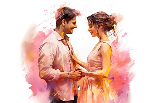 Casal de ilustração em aquarela apaixonado olhando um para o outro