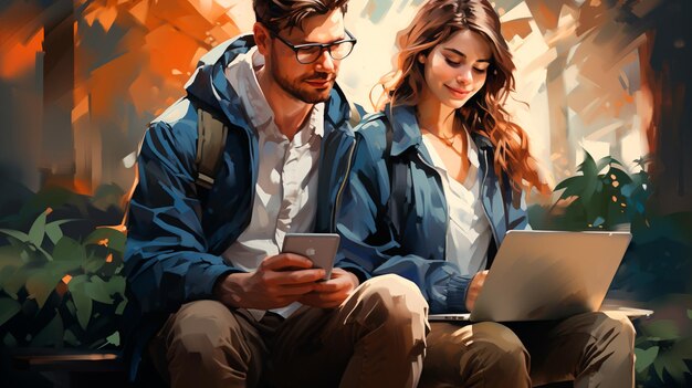 casal de jovem e mulher sentados em um banco na cidade usando um tablet digital e um smartphone conceito de tecnologia moderna