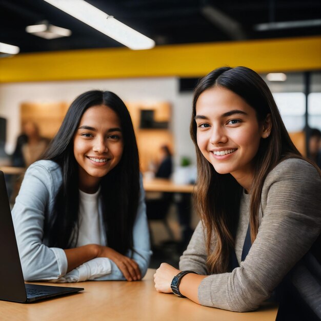 Foto casal de jovens adolescentes felizes no espaço de trabalho do escritório ia generativa