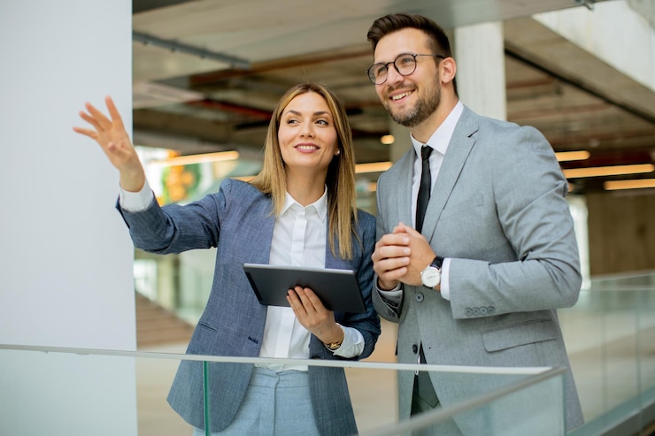 Foto casal de jovens empresários segurando tablet digital e discutindo a estratégia da empresa