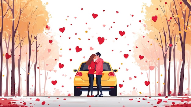 Casal de jovens felizes com carro celebrando o Dia dos Namorados ao ar livre