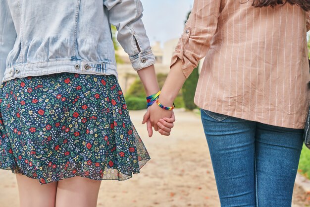 Casal de lésbicas caminhando de mãos dadas no parque