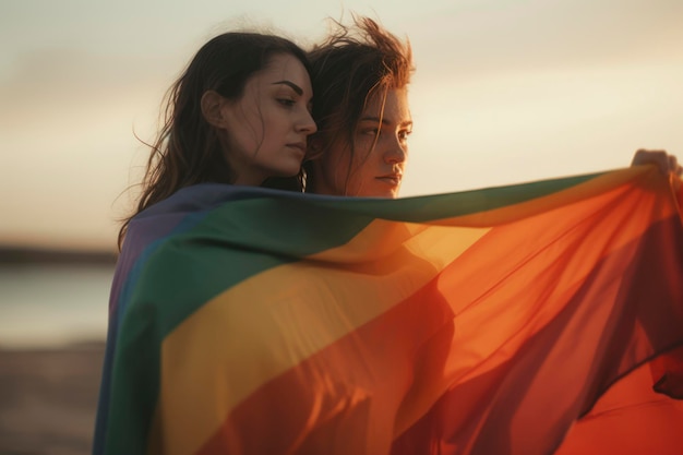 Foto casal de lésbicas com bandeira de orgulho gerada pela ia