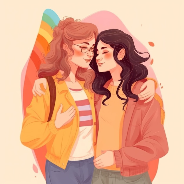 Casal de lésbicas de dia do orgulho de ilustração plana em fundo de amor