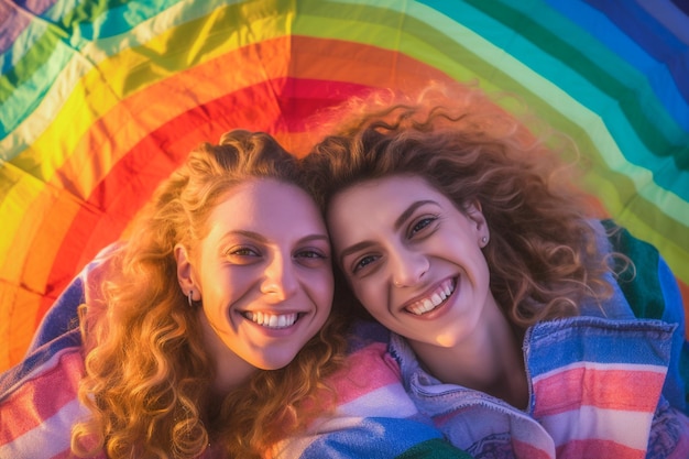 Casal de lésbicas feliz celebrando na praia a Parada do Orgulho LGBTQ em Tel Aviv