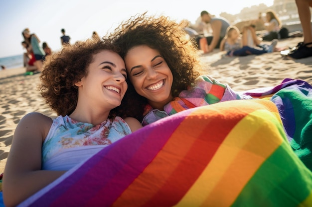 Casal de lésbicas feliz celebrando na praia a Parada do Orgulho LGBTQ em Tel Aviv