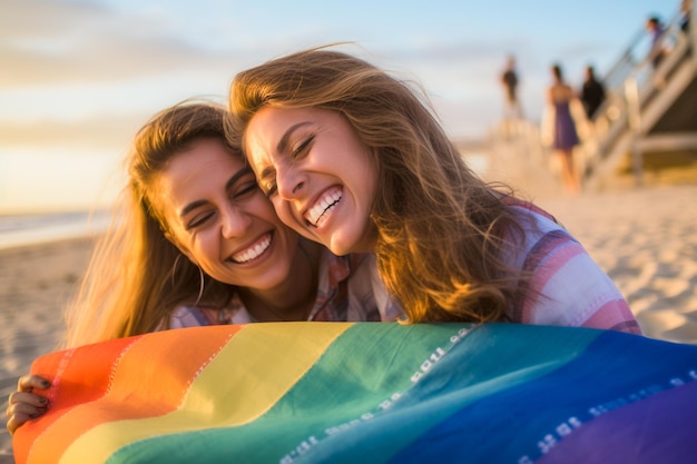 Casal de lésbicas feliz celebrando na praia na Parada do Orgulho LGBTQ em Tel Aviv