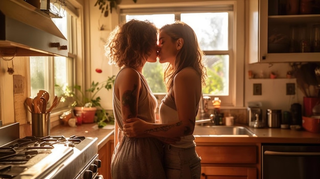 Casal de lésbicas se beijando na cozinha