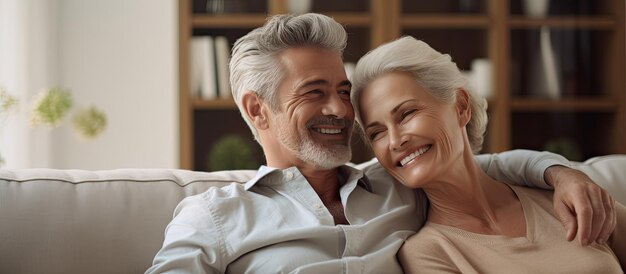 Foto casal de meia idade no sofá em casa sorrindo e se abraçando aproveitando o fim de semana juntos na aconchegante sala de estar