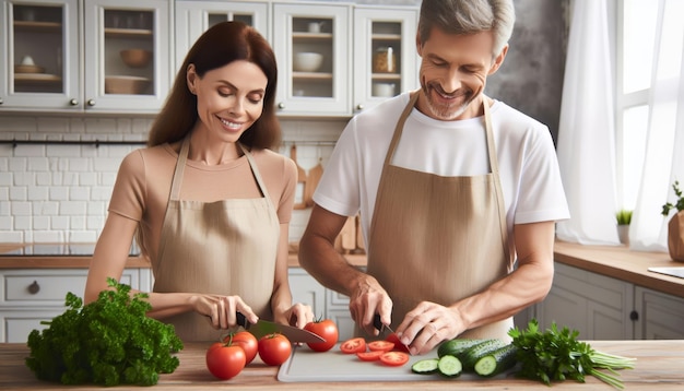 Casal de meia-idade preparando uma salada de vegetais brilhante e saudável tarefas domésticas dentro da família