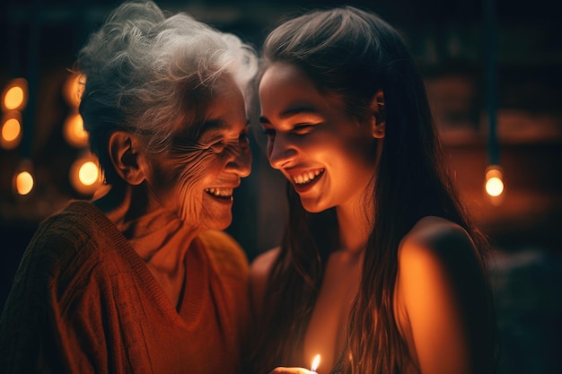 casal de mulheres de pé um ao lado do outro segurando uma vela acesa