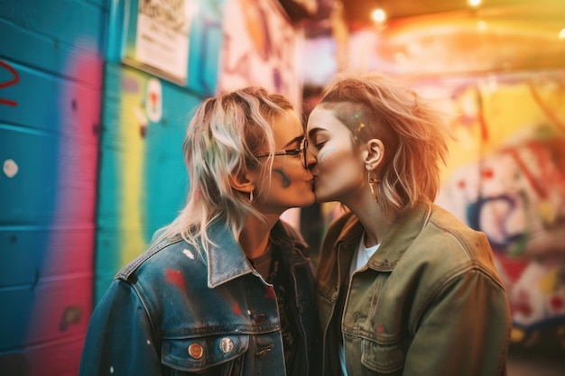 Casal de mulheres lésbicas modernas de aparência alternativa se beijando na rua Generative AI