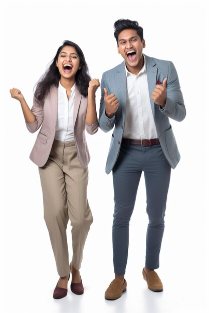 Foto casal de negócios sorridente com os polegares e as mãos para cima