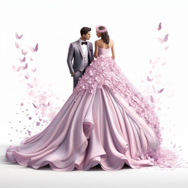 Foto casal de noiva em vestido rosa com borboletas ilustração 3d