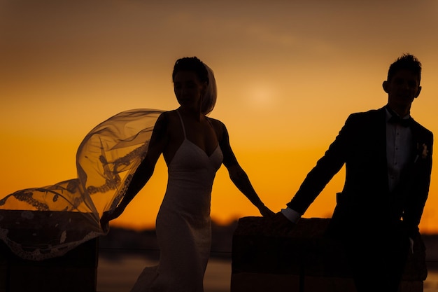 Casal de noivos ao pôr do sol de mãos dadas Elegante noiva e noivo felizes