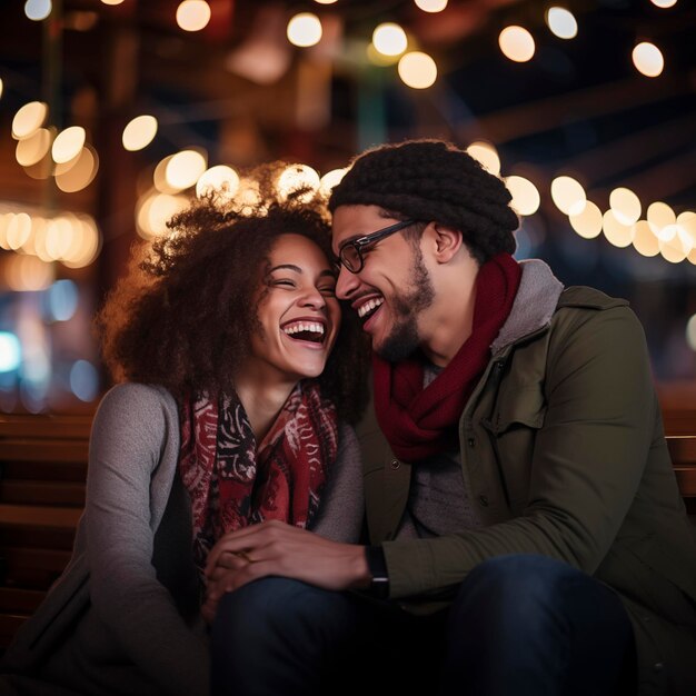 Casal de noivos felizes sorriem e celebram o conceito de aniversário da festa das pessoas Retrato de sorriso de pessoas interraciais felizes