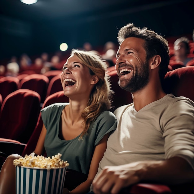 Casal de noivos, homens e mulheres, se divertindo sentados no cinema assistindo a um filme e comendo pipoca Conceito de entretenimento de amizade