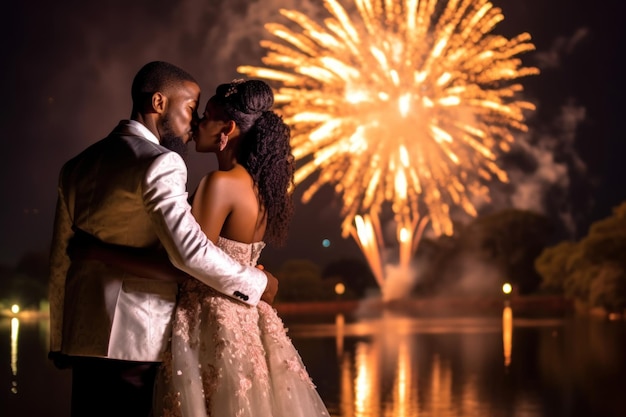 Casal de noivos negros contra fogos de artifício à noite Generative AI