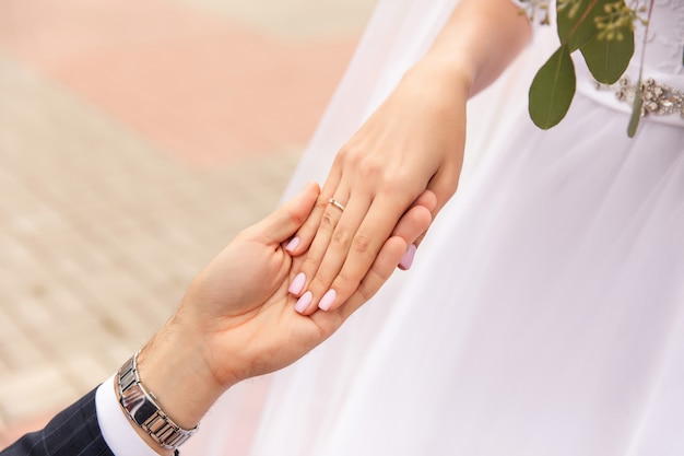 Casal de noivos, noivos de mãos dadas, lindo dia do casamento