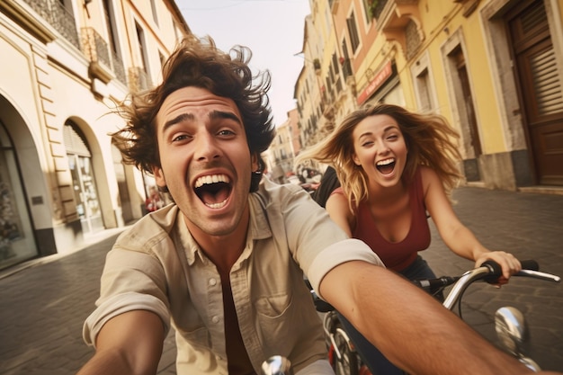 Casal de óculos escuros andando de bicicleta na Itália