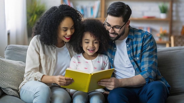 Foto casal de pais felizes e uma menina de cabelos pretos sentada no sofá na sala de estar e lendo um livro