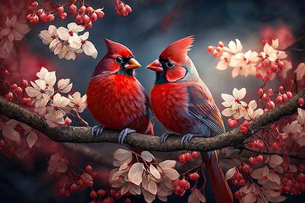Casal de pássaros cardeais românticos em um galho Conceito de amor Generative AI