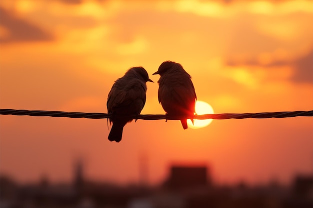 Casal de pássaros em silhueta encontra amor em fios contra tela do pôr do sol