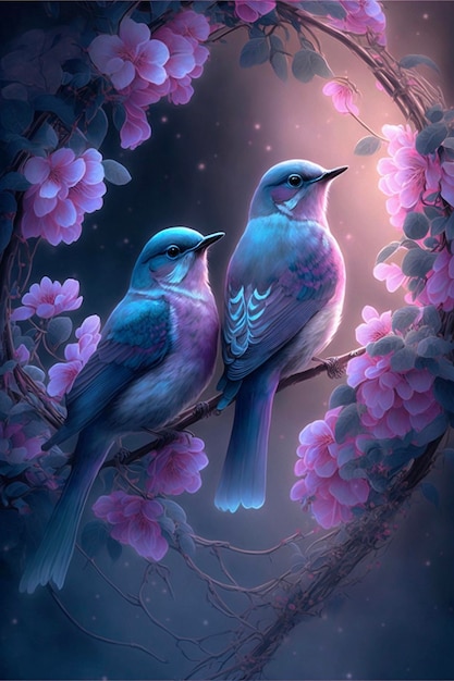 Casal de pássaros sentado em cima de um galho de árvore generativo ai