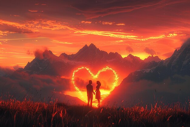 casal de pé em frente a um coração que diz amor no topo da montanha