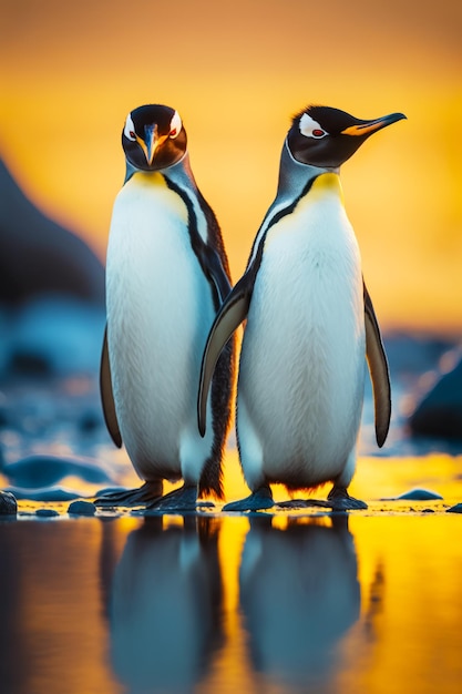 Casal de pinguins parados um ao lado do outro em cima da praia Generative AI