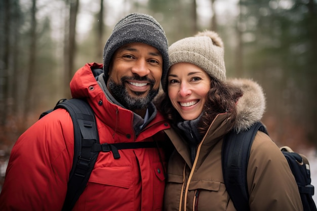 Casal de raça mista de meia-idade desfrutando de atividades ao ar livre nas florestas de inverno AI Conteúdo generativo