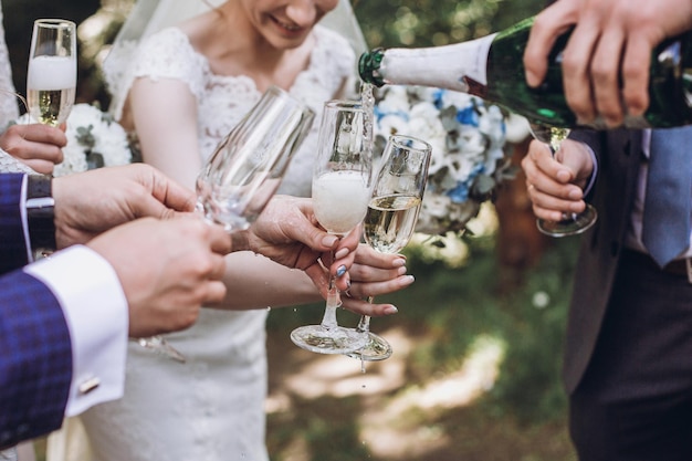 Casal de recém-casados, noivos, juntamente com damas de honra e padrinhos, bebendo champanhe ao ar livre, celebrando casamento com amigos