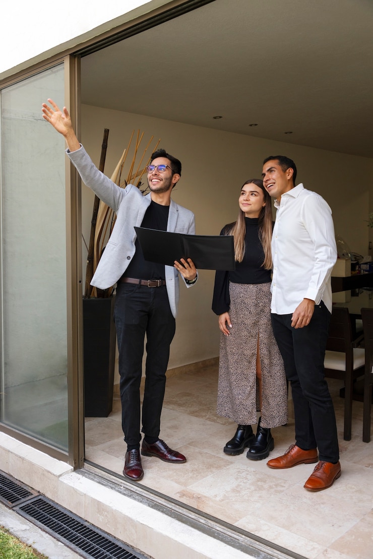 Foto casal de tiro completo conversando com agente imobiliário