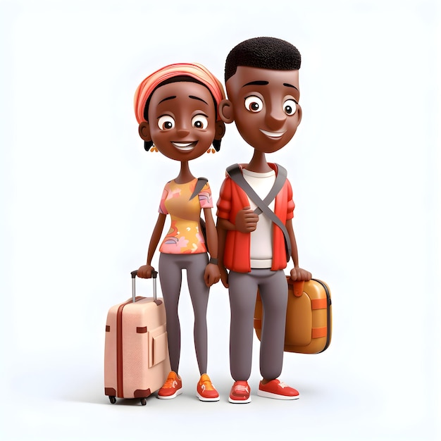 Casal de turistas afro-americanos em uma renderização 3d de fundo branco