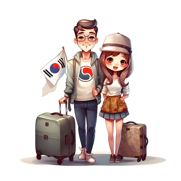 Casal de turistas com malas e ilustração em vetor bandeira coreana