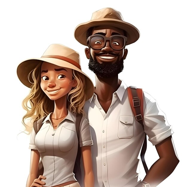 Casal de turistas em um chapéu e óculos em um fundo branco