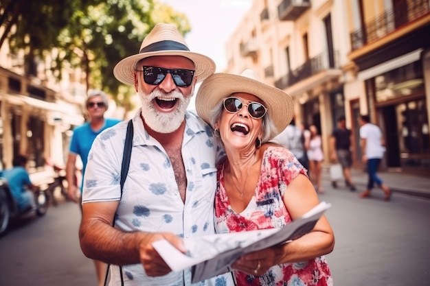 Casal de turistas visitando a rua da cidade com um mapa