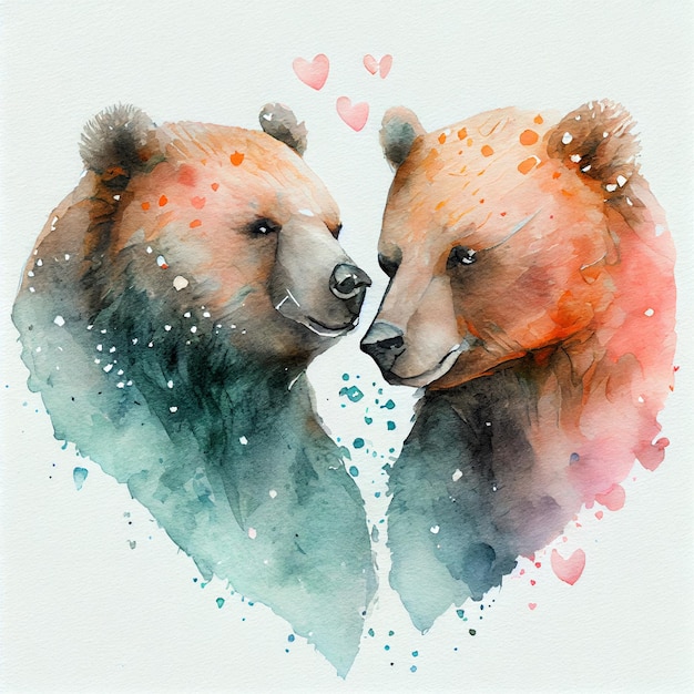 Casal de urso aquarela apaixonado por ilustração de cartão de dia dos namorados de corações