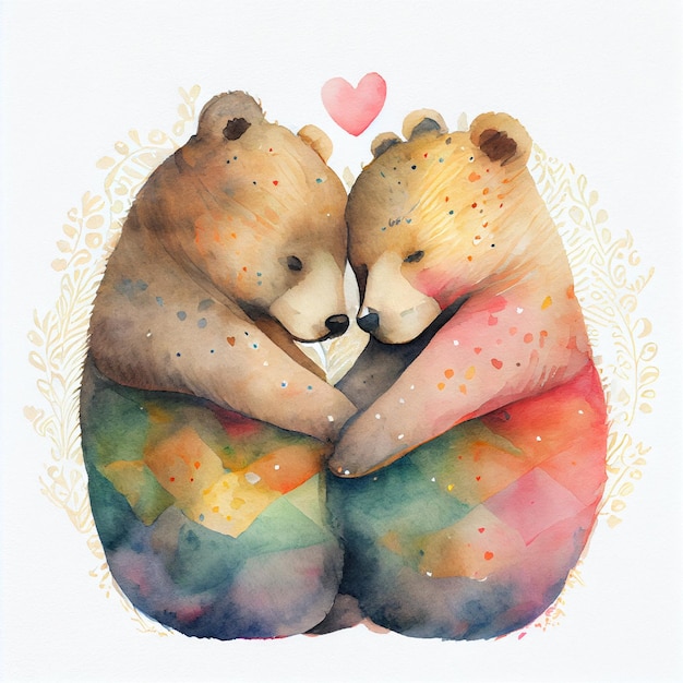 Casal de urso aquarela apaixonado por ilustração de cartão de dia dos namorados de corações